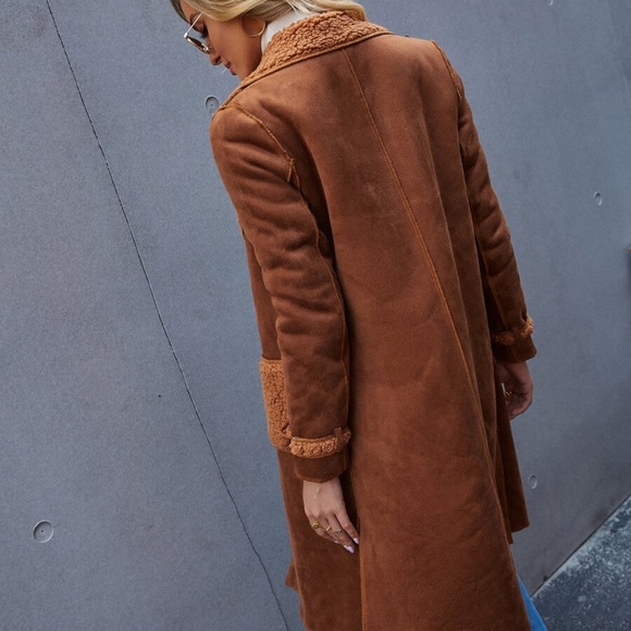 vegan suede rust teddy shearling lined trench coat - Picture 5 of 6